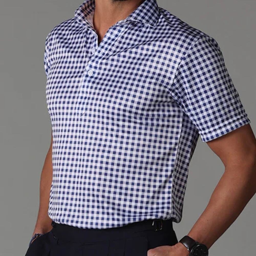 Collars & Co Gingham Semi Spread Collar Polo Shirt Men's Large Navy White